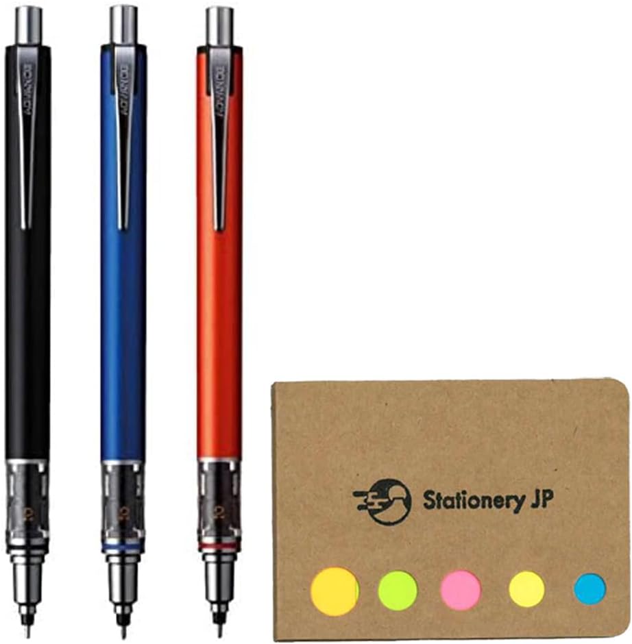 Three uni Kuru Toga Advance 0.5 mm mechanical pencils in black, navy and red with a pad of sticky notes