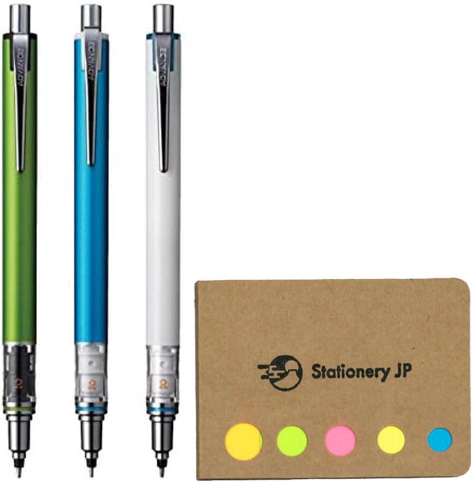 Three uni Kuru Toga Advance 0.5 mm mechanical pencils in green, blue and white with a pad of sticky notes
