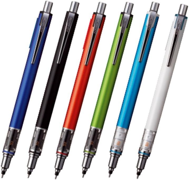 Six uni Kuru Toga Advance 0.5 mm mechanical pencils in navy, black, red, lime green, blue and white