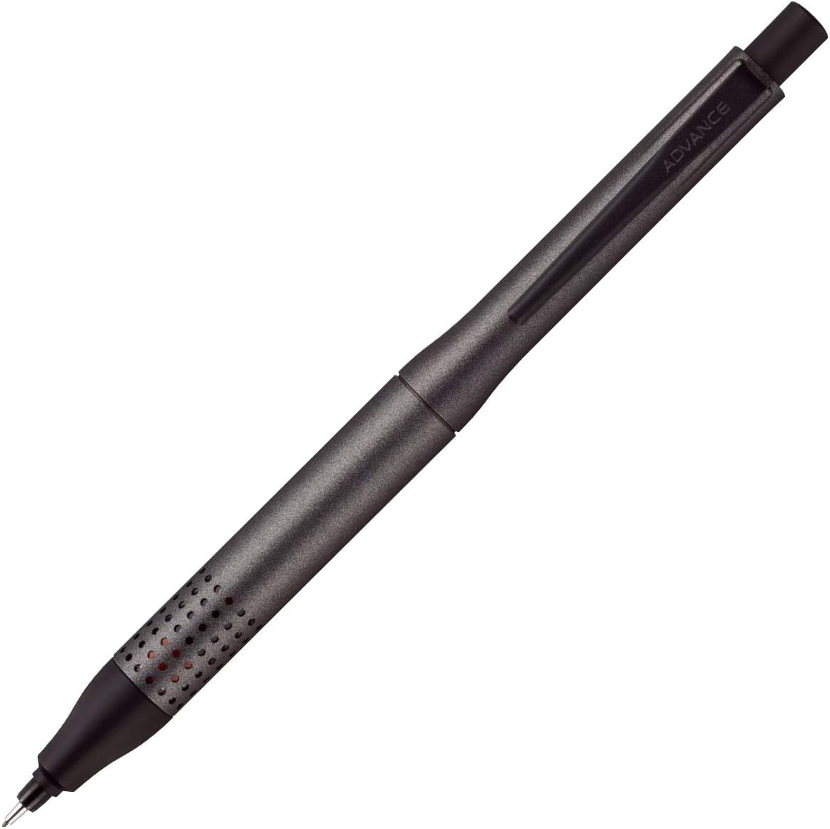 Gun Metallic uni Kuru Toga Advance Upgrade 0.5 mm mechanical pencil with a perforated metal grip and a slim sliding guide pipe at the tip