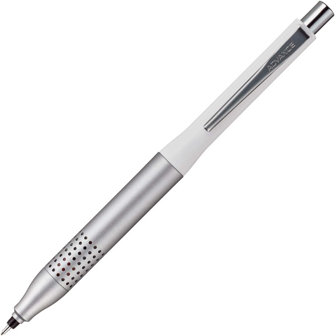 uni Kuru Toga Advance Upgrade 0.5 mm mechanical pencil with a white upper barrel and a perforated silver metal grip