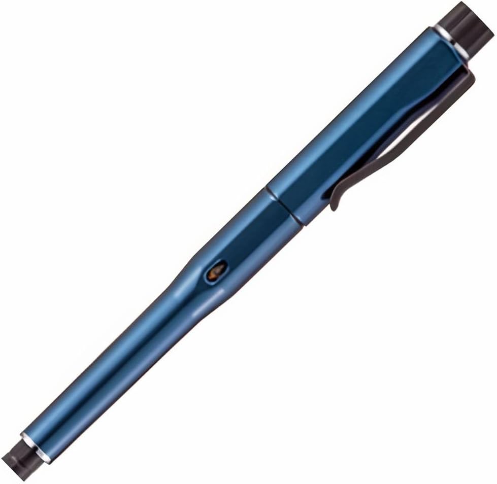 uni Kuru Toga Dive 0.5 mm mechanical pencil in Abyss Blue with its magnetic cap removed, showing the faceted barrel and engine window