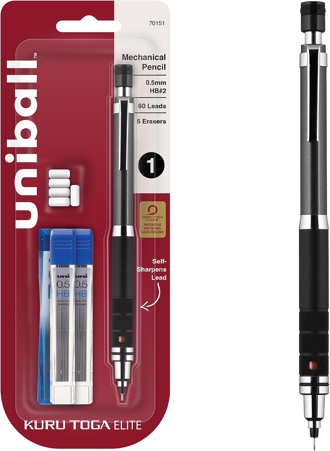 uniball Kuru Toga Elite mechanical pencil kit item 70151 in Gun Metal, blister pack with 60 leads in 0.5 mm HB and 5 spare erasers