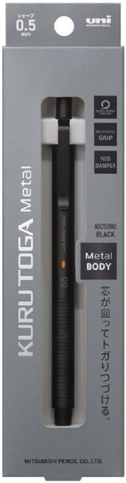 Retail box for the uni Kuru Toga Metal 0.5 mm in Nocturne Black, listing the Kuru Toga Engine, Mild Edge Grip and Nib Damper