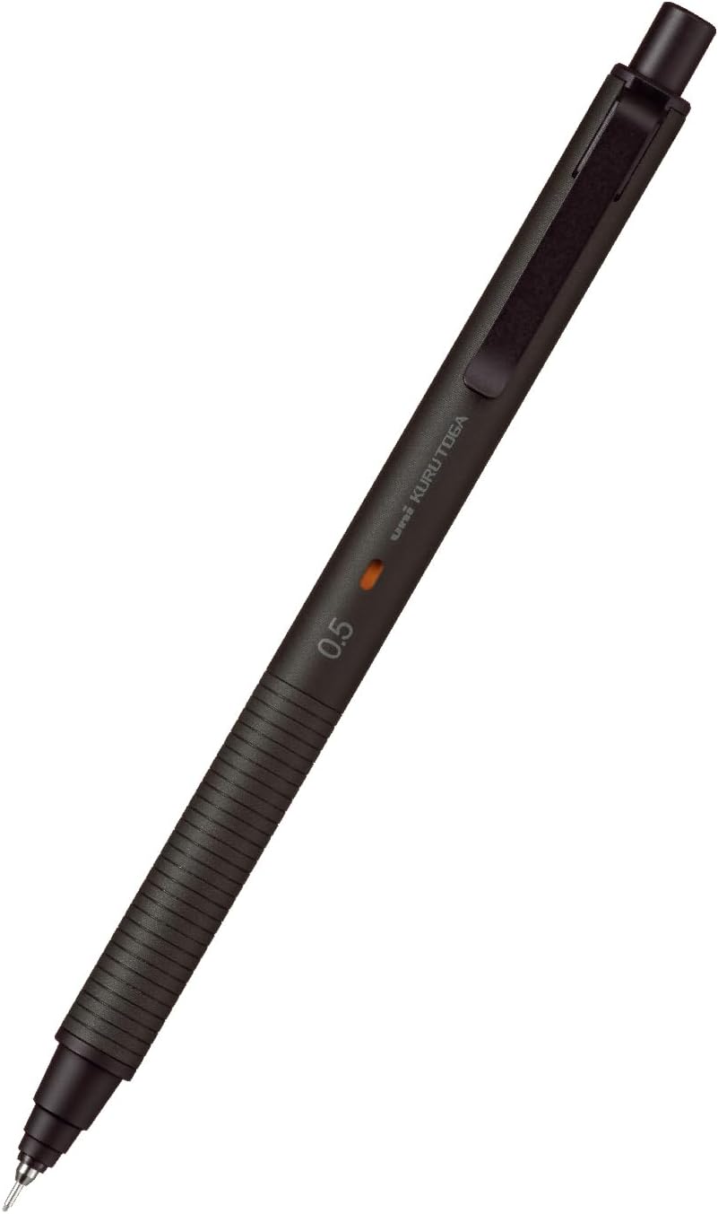 uni Kuru Toga Metal 0.5 mm mechanical pencil in Nocturne Black, all-aluminum body with a finely ribbed Mild Edge grip and an orange engine window