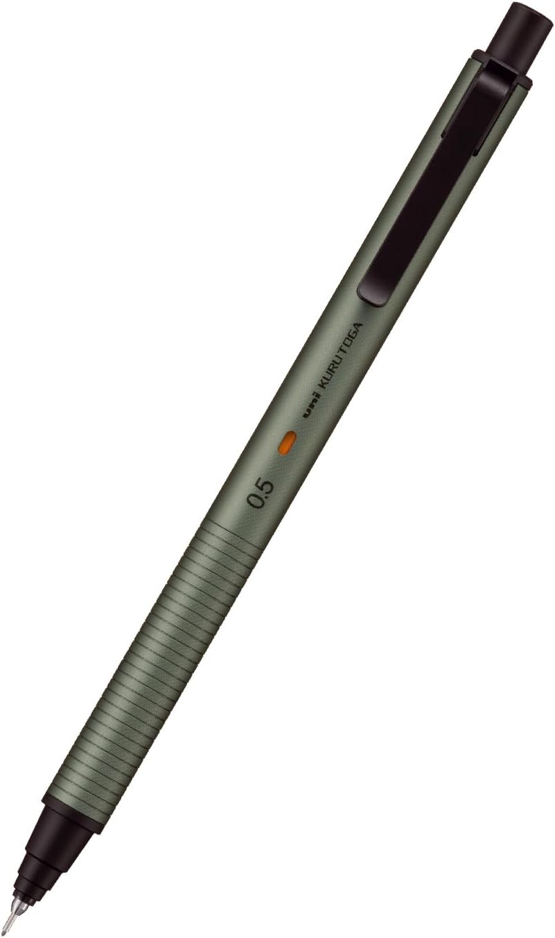 uni Kuru Toga Metal 0.5 mm mechanical pencil in Phantom Gray, a sage-toned aluminum body with a ribbed Mild Edge grip