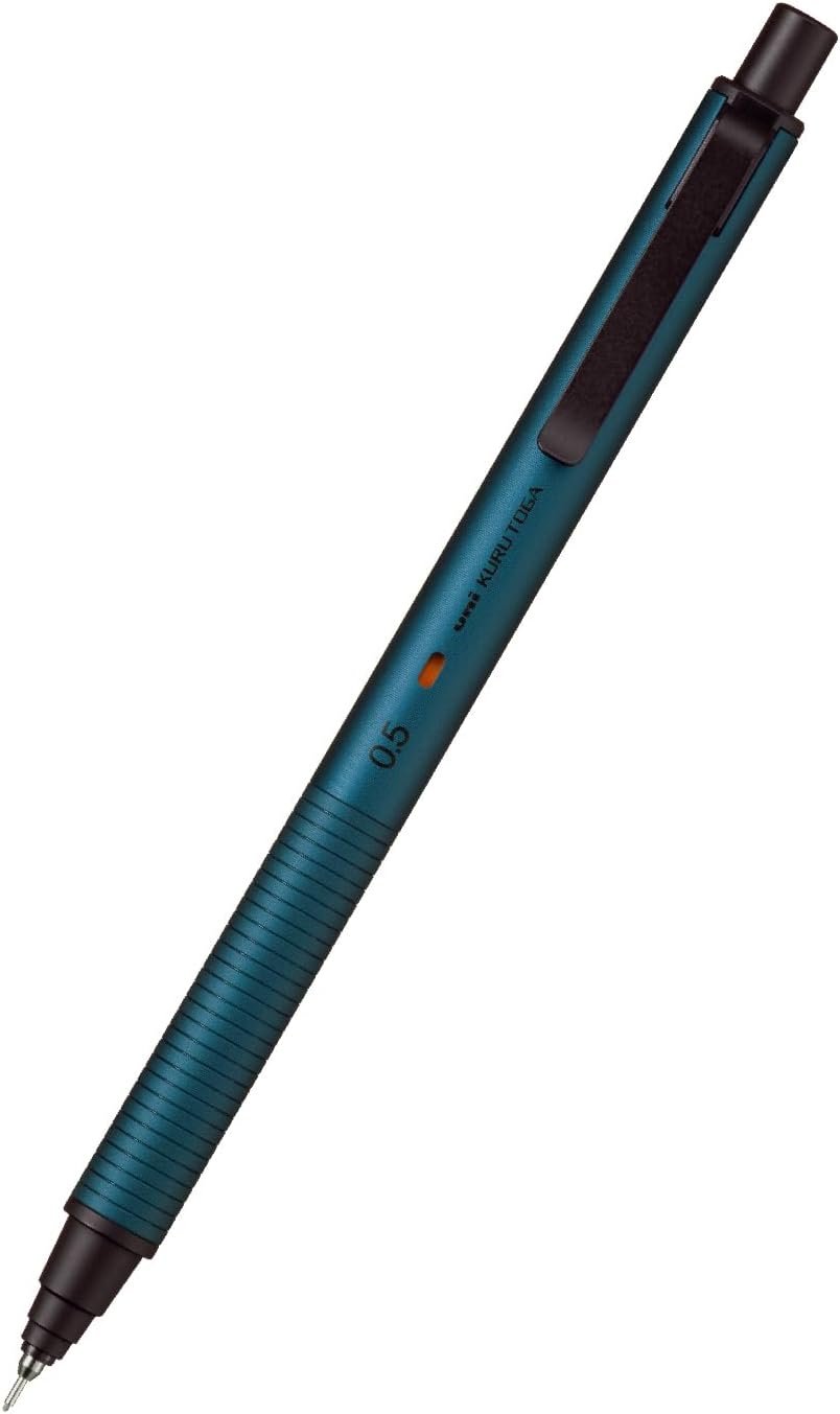 uni Kuru Toga Metal 0.5 mm mechanical pencil in Silent Blue, a teal aluminum body with a ribbed Mild Edge grip