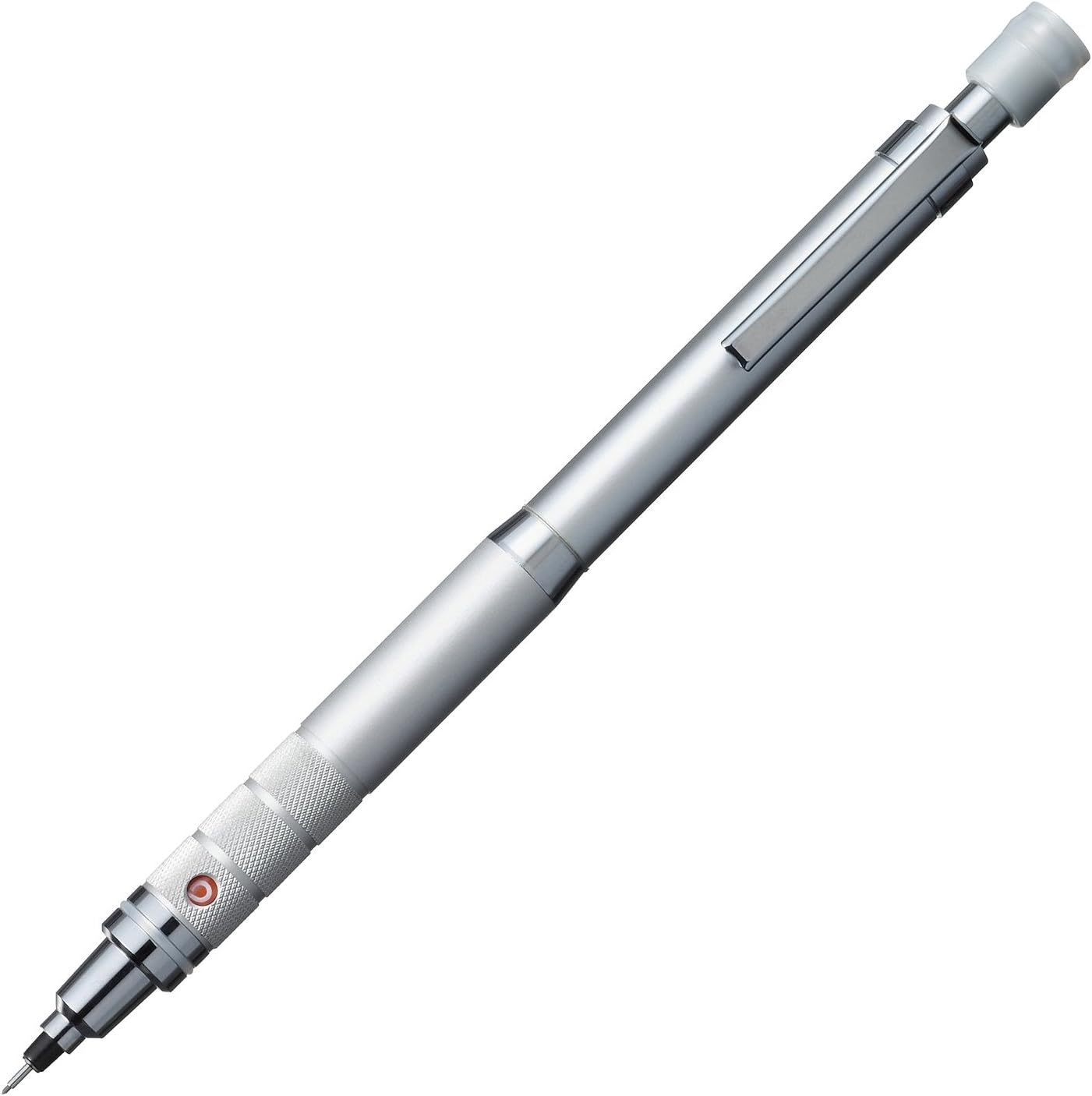 uni Kuru Toga Roulette 0.5 mm mechanical pencil with a silver aluminum body and a deeply knurled grip section