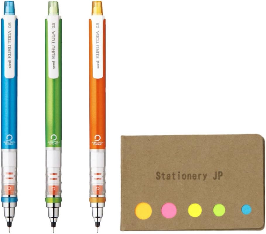 Three uni Kuru Toga Standard 0.5 mm mechanical pencils in blue, green and orange with a pad of sticky notes