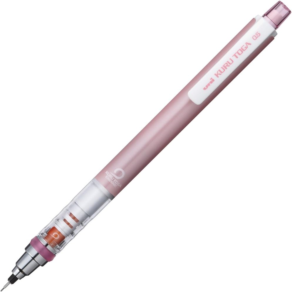 uni Kuru Toga Standard 0.5 mm mechanical pencil in Baby Pink with the orange engine gear visible through the clear housing