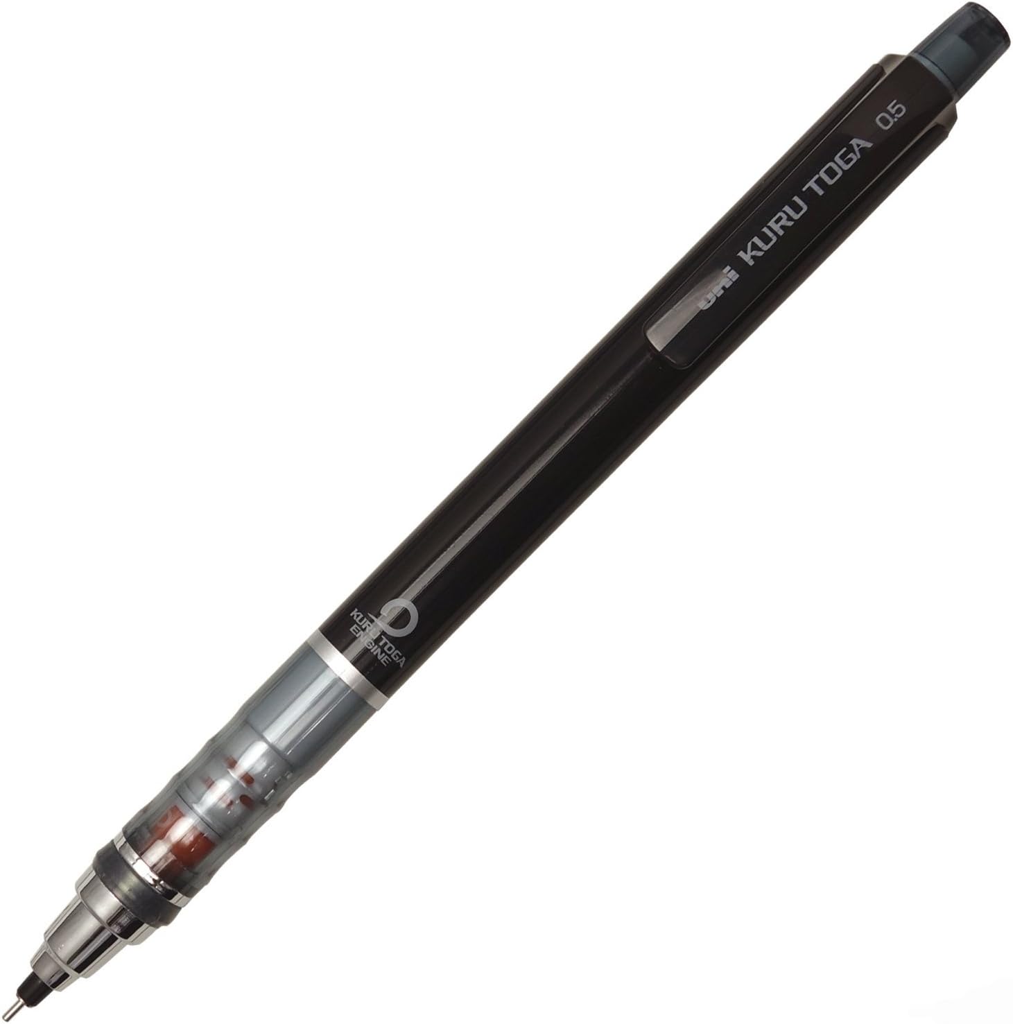 Black uni Kuru Toga Standard 0.5 mm mechanical pencil with the clear housing near the grip showing the orange engine gear