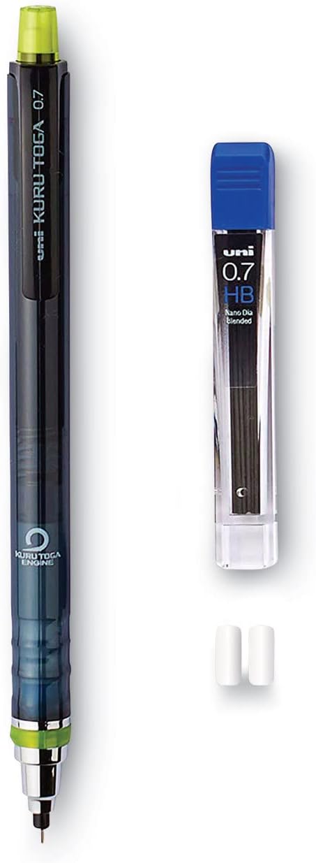 uniball Kuru Toga 0.7 mm mechanical pencil starter kit with a smoke-black barrel, a tube of 0.7 HB lead and two spare erasers
