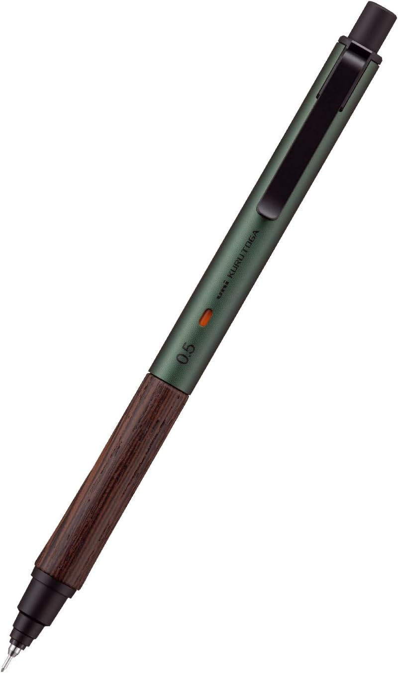 uni Kuru Toga Wood 0.5 mm mechanical pencil in Forest Green with a dark natural wood grip below an aluminum barrel